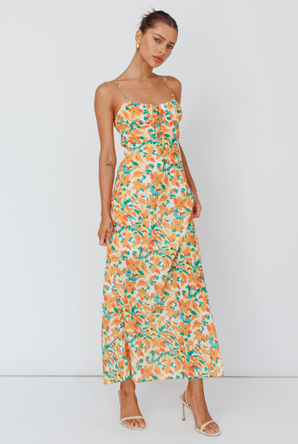 Solstice Noon Tied Bust Midi Dress Print Orange by Selfie Leslie