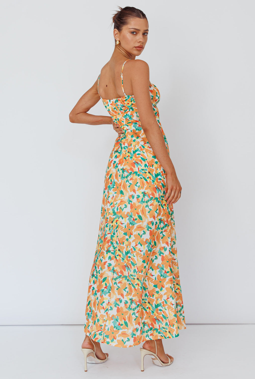Solstice Noon Tied Bust Midi Dress Print Orange by Selfie Leslie