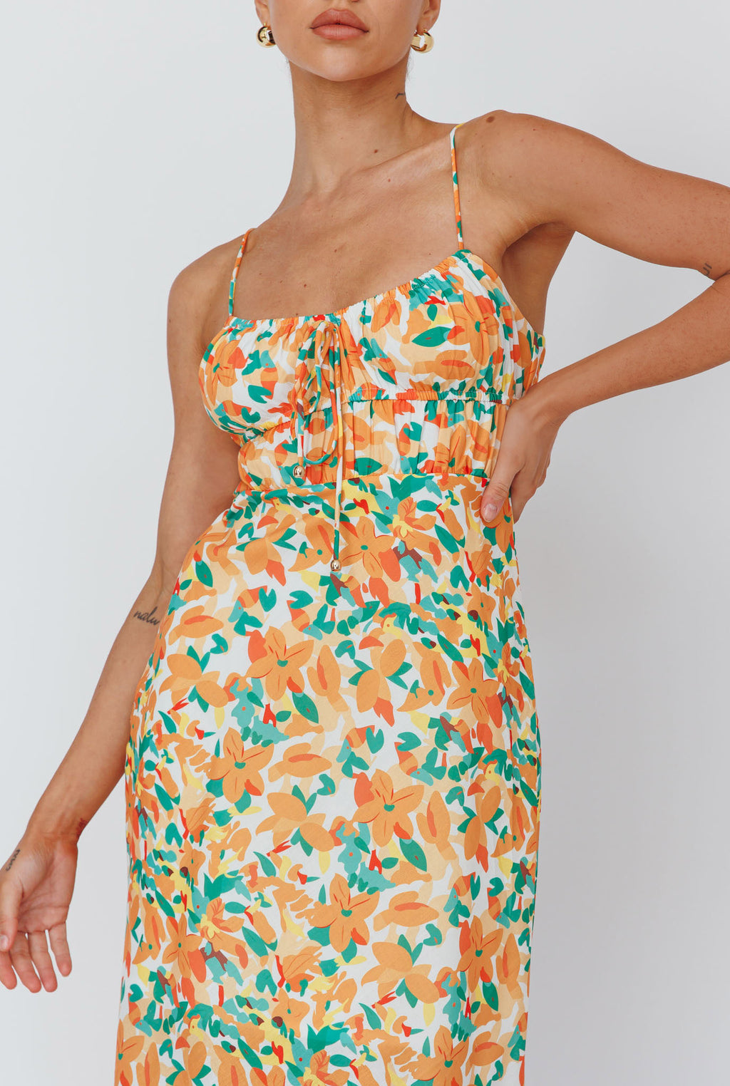 Solstice Noon Tied Bust Midi Dress Print Orange by Selfie Leslie