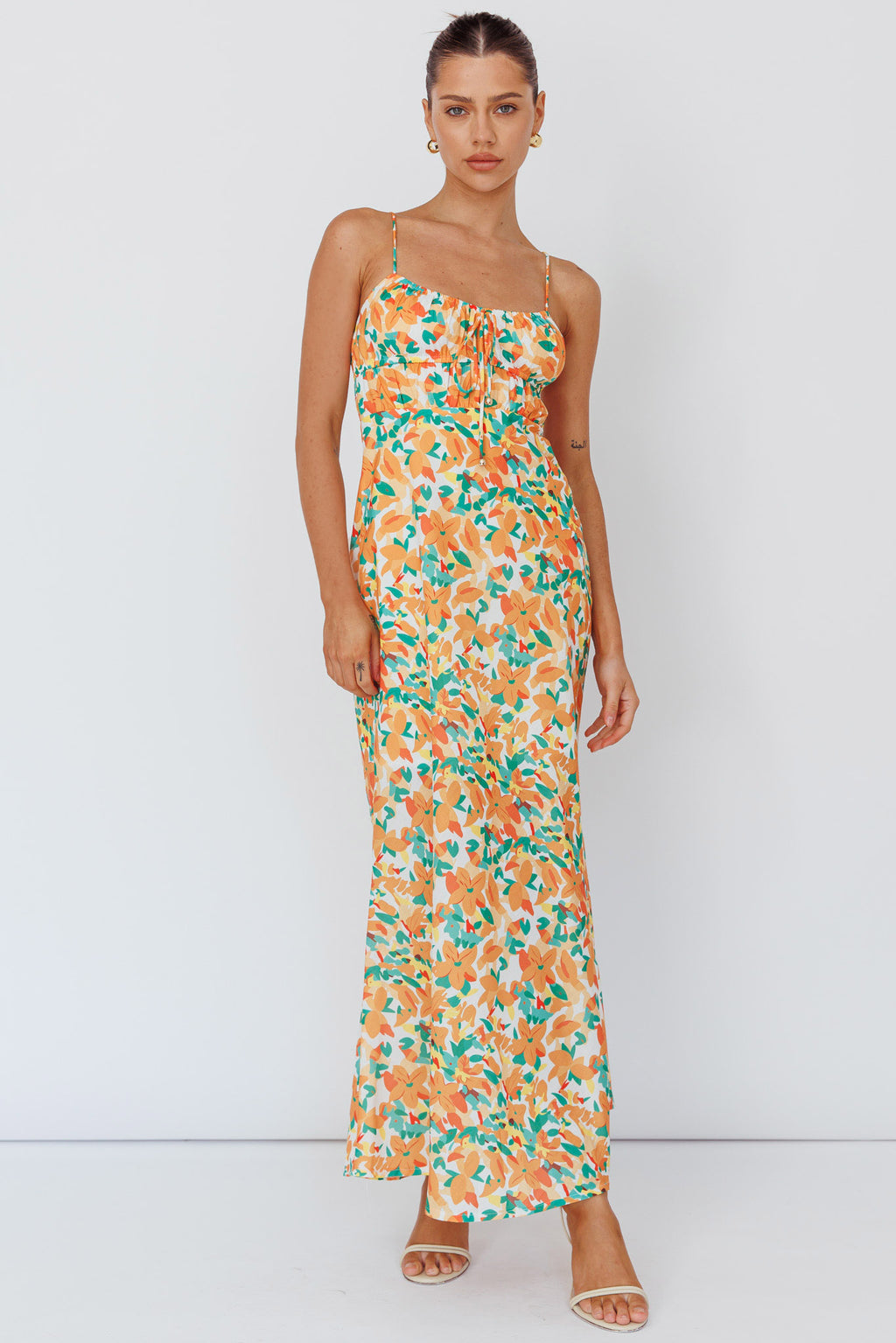 Solstice Noon Tied Bust Midi Dress Print Orange by Selfie Leslie