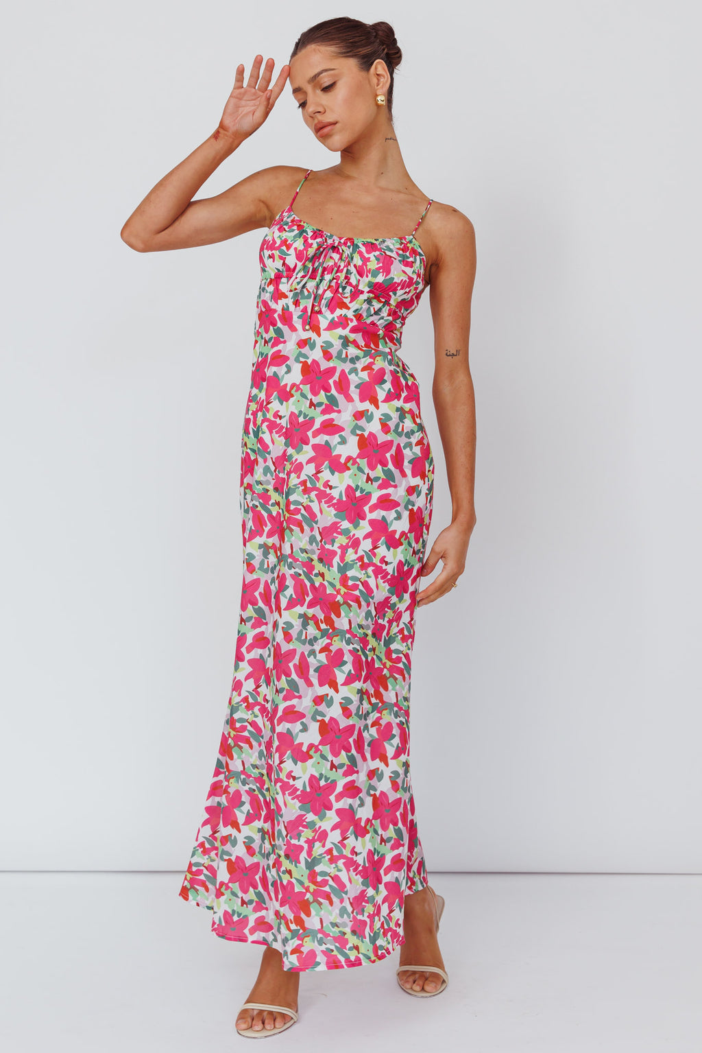 Solstice Noon Tied Bust Midi Dress Print Pink by Selfie Leslie