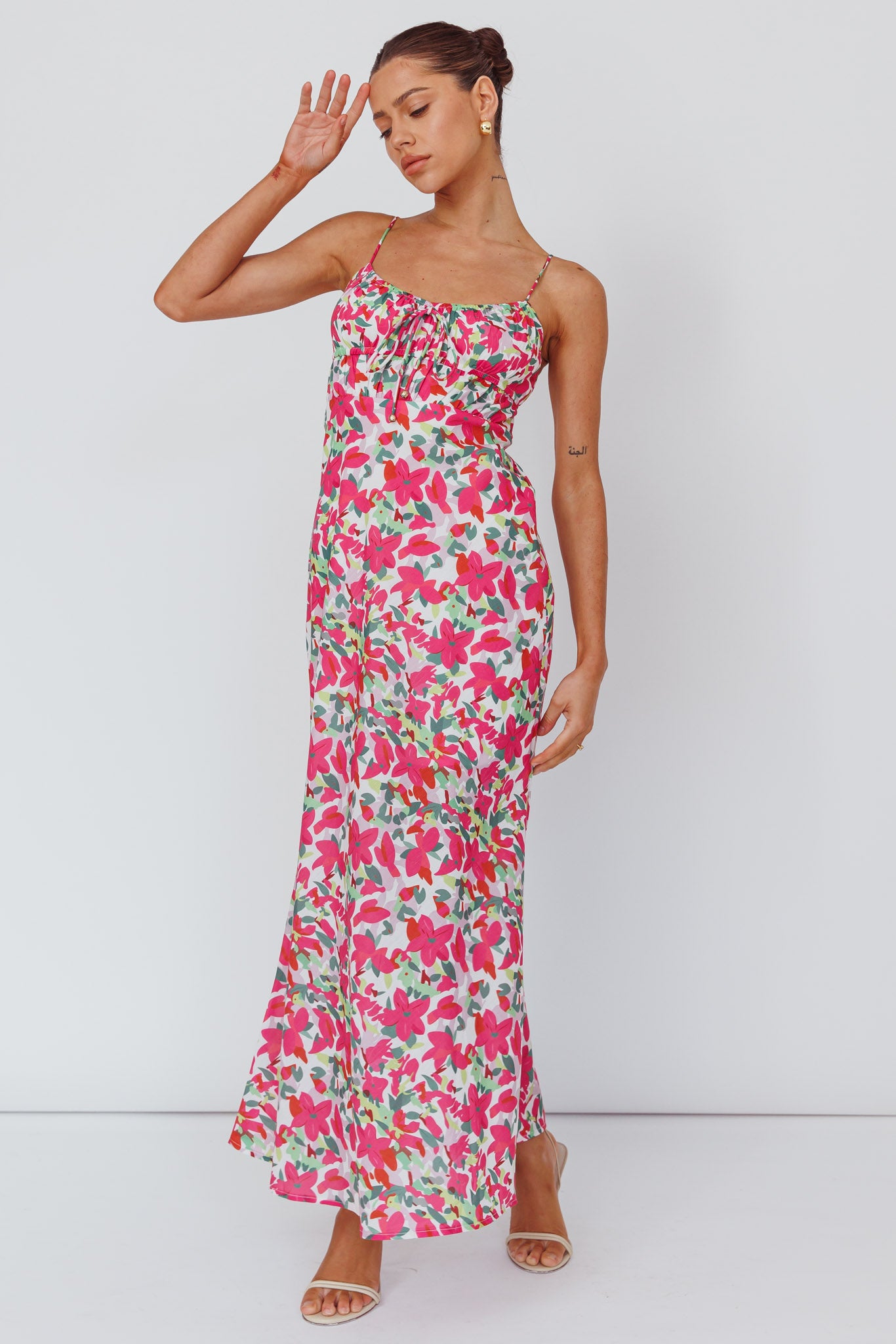 Solstice Noon Tied Bust Midi Dress Print Pink by Selfie Leslie
