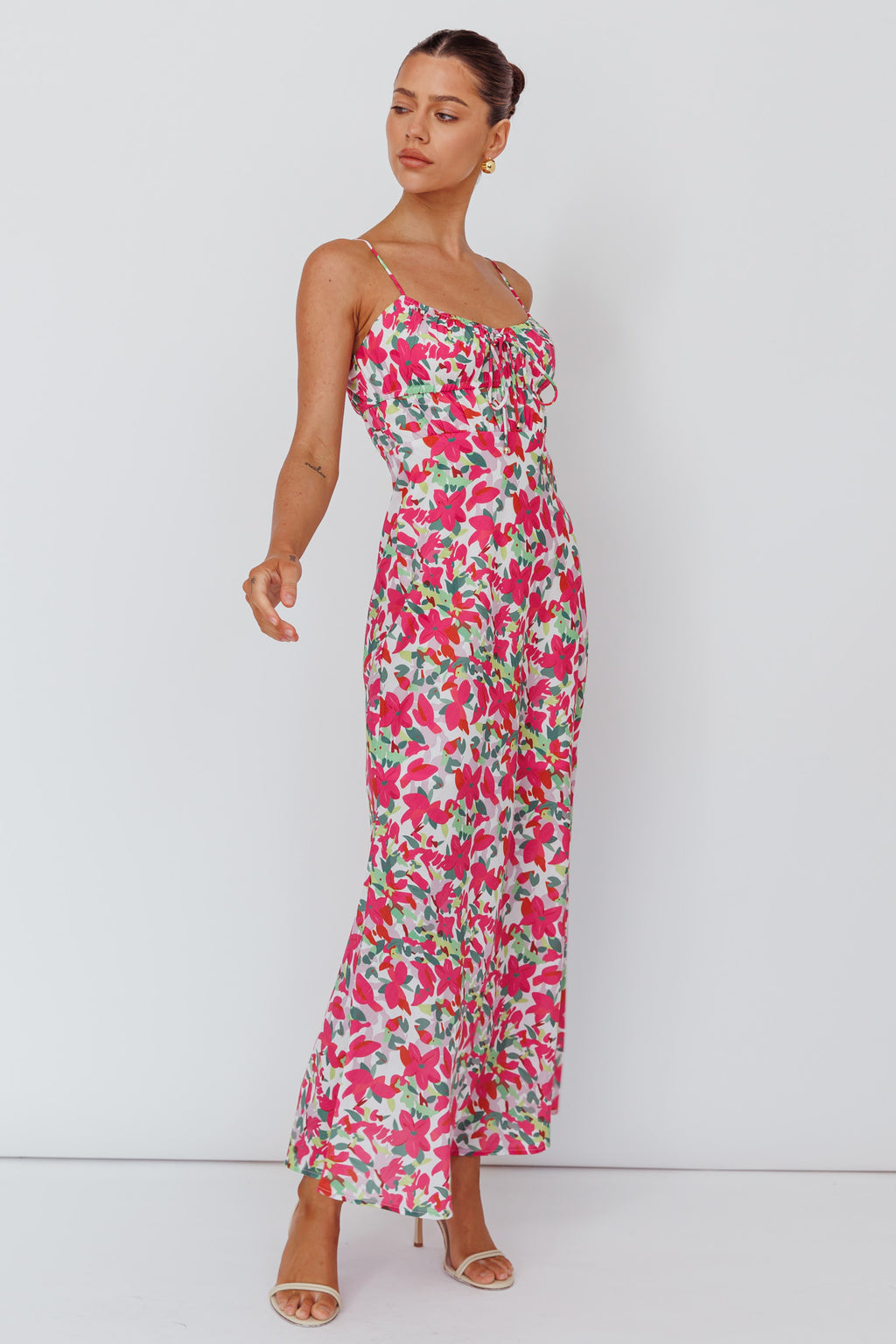 Solstice Noon Tied Bust Midi Dress Print Pink by Selfie Leslie