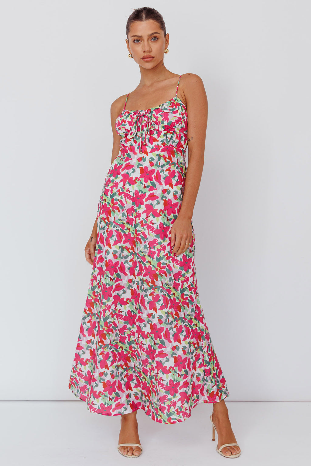 Solstice Noon Tied Bust Midi Dress Print Pink by Selfie Leslie
