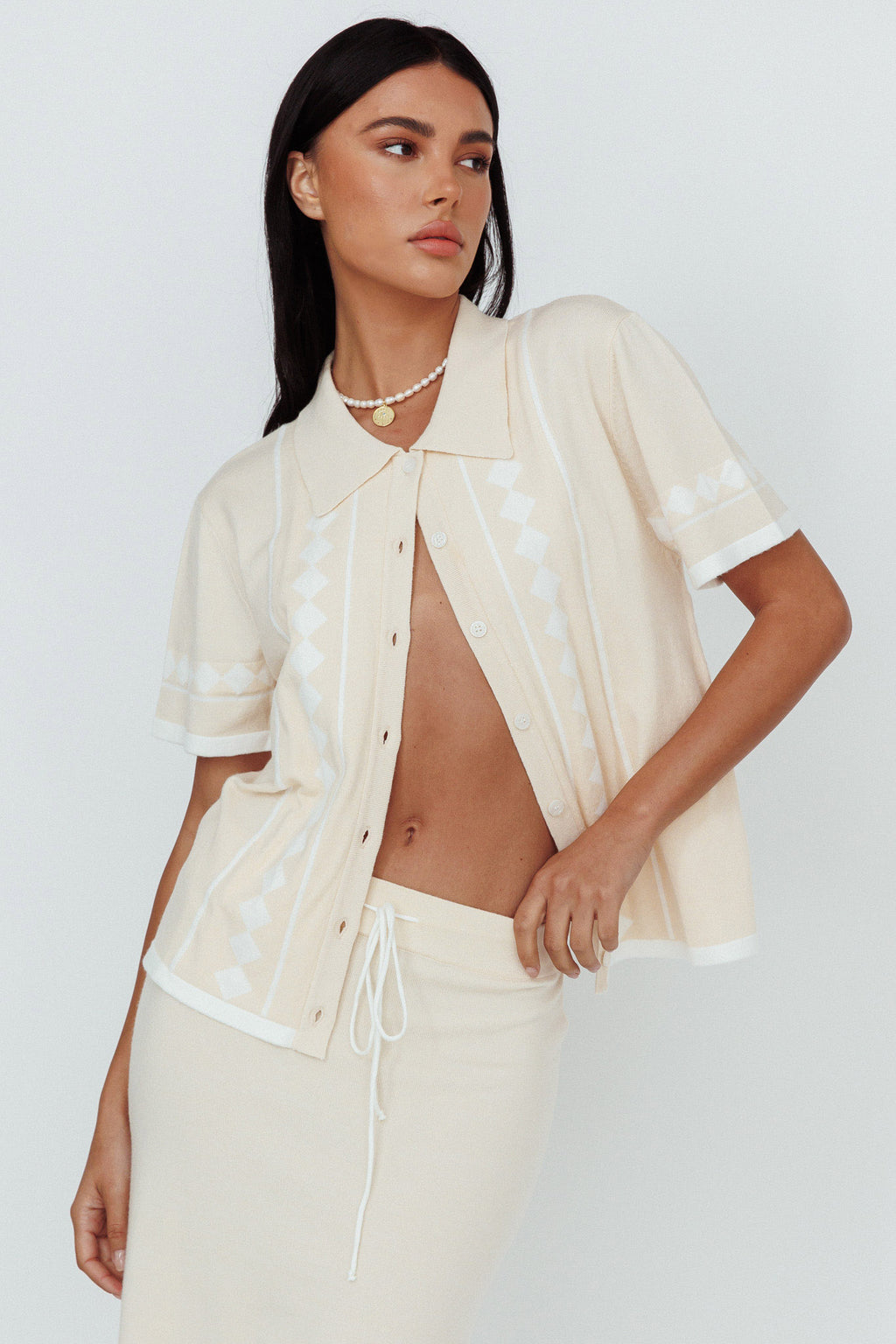 Amalfi Sun Knit Button-Up Shirt Sand by Selfie Leslie