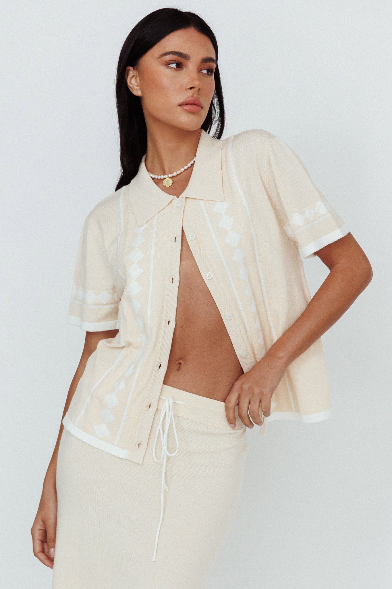 Amalfi Sun Knit Button-Up Shirt Sand by Selfie Leslie