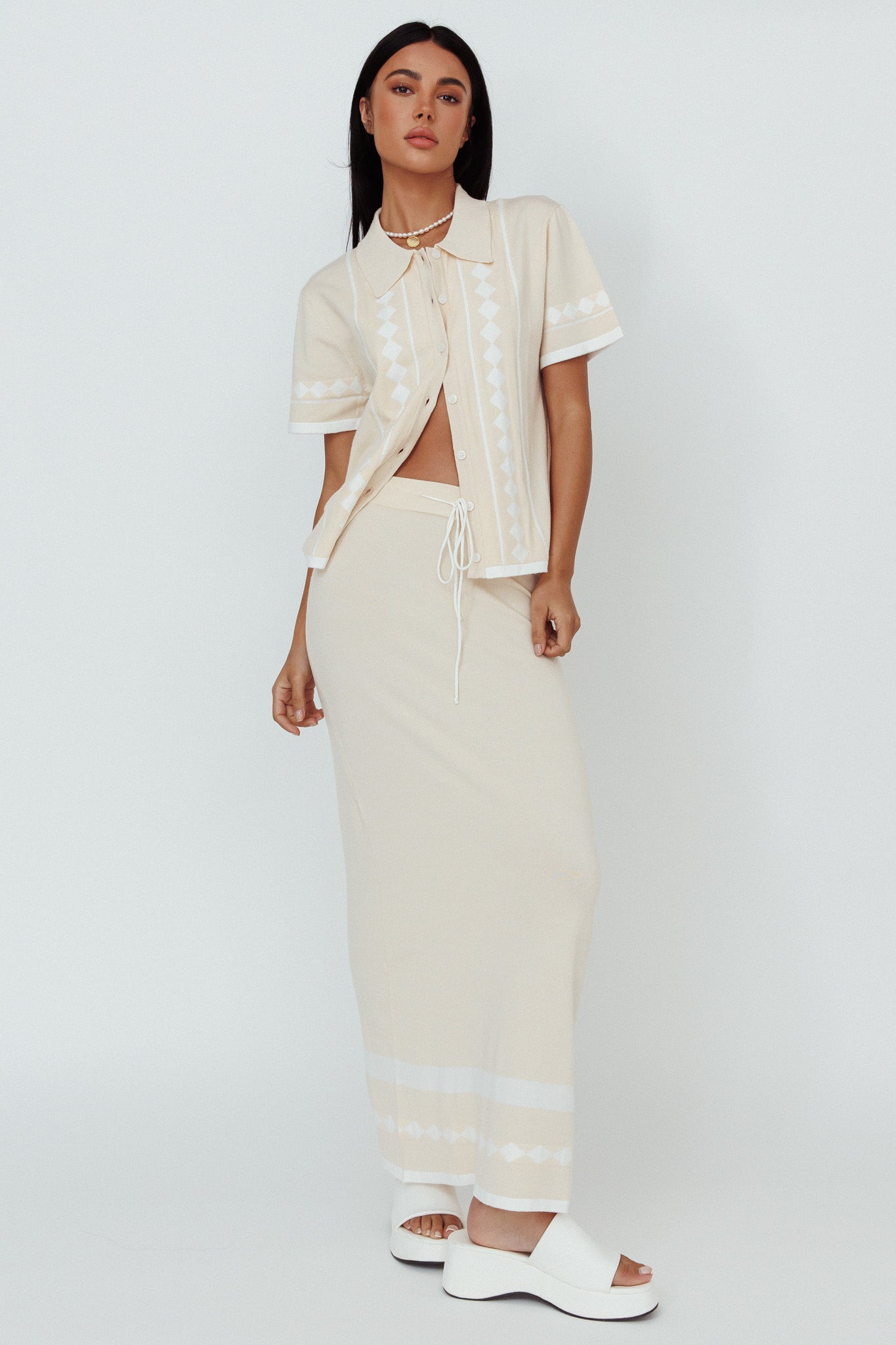Amalfi Sun Knit Button-Up Shirt Sand by Selfie Leslie
