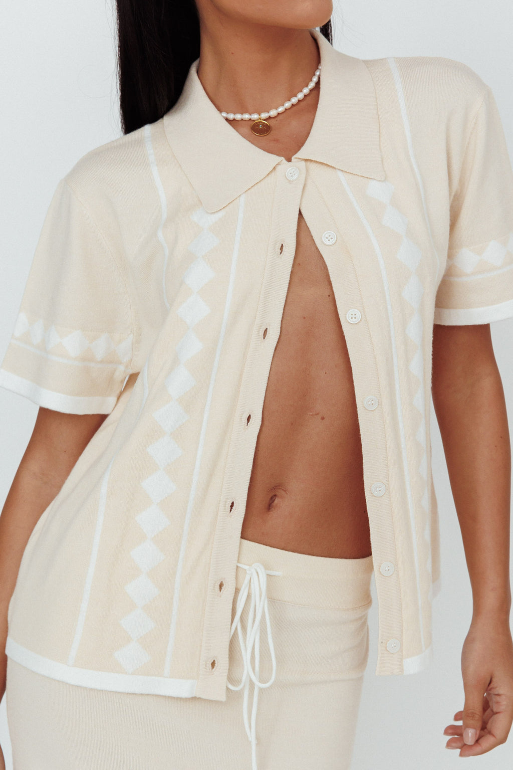 Amalfi Sun Knit Button-Up Shirt Sand by Selfie Leslie