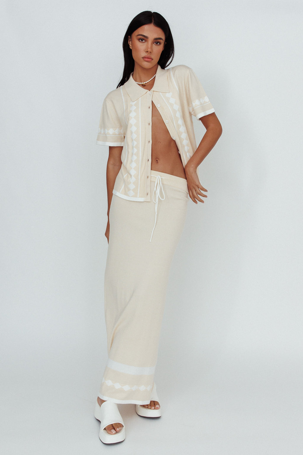 Amalfi Sun Knit Button-Up Shirt Sand by Selfie Leslie
