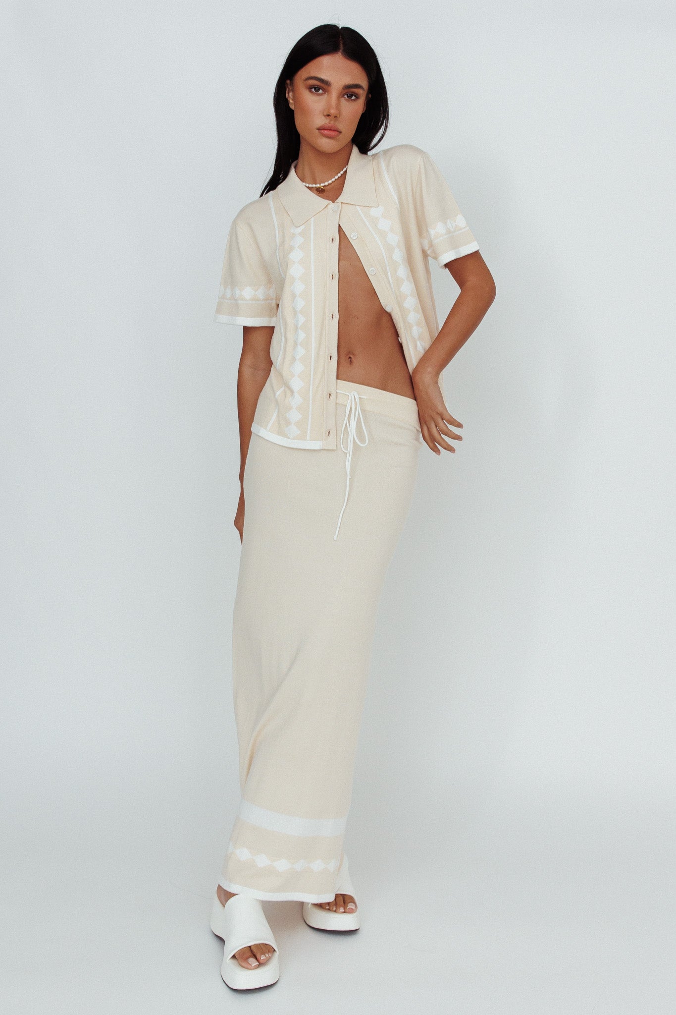 Amalfi Sun Knit Button-Up Shirt Sand by Selfie Leslie