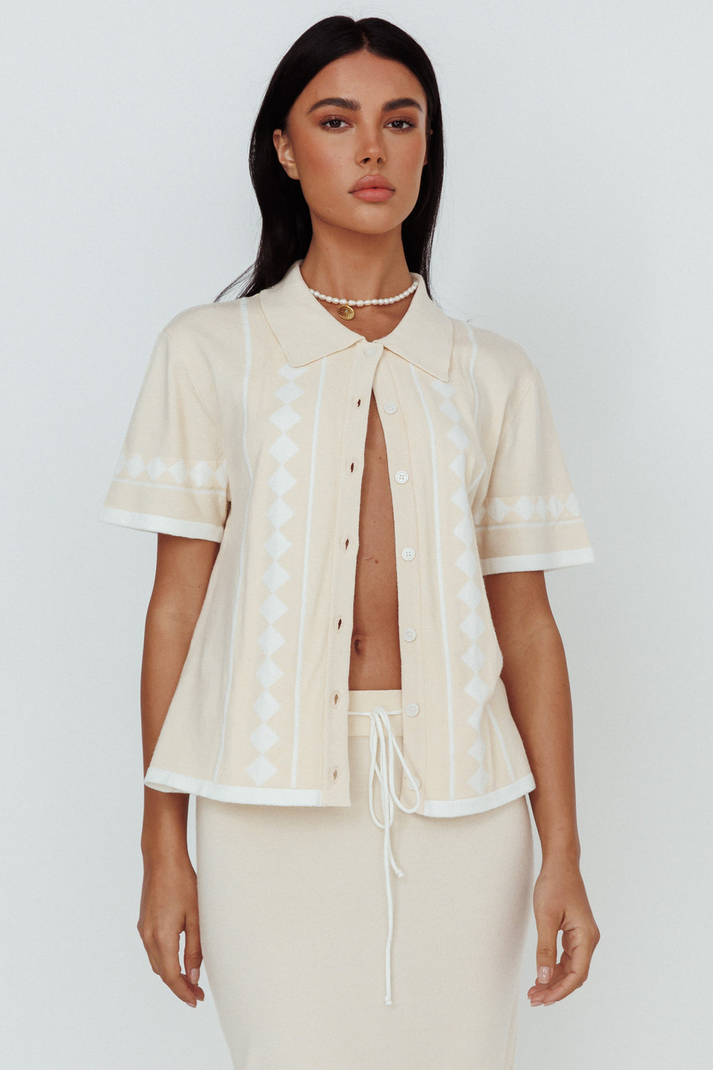 Amalfi Sun Knit Button-Up Shirt Sand by Selfie Leslie