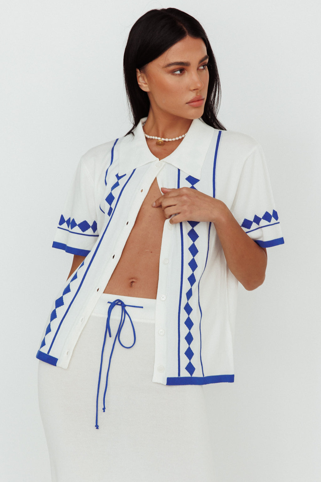 Amalfi Sun Knit Button-Up Shirt White by Selfie Leslie