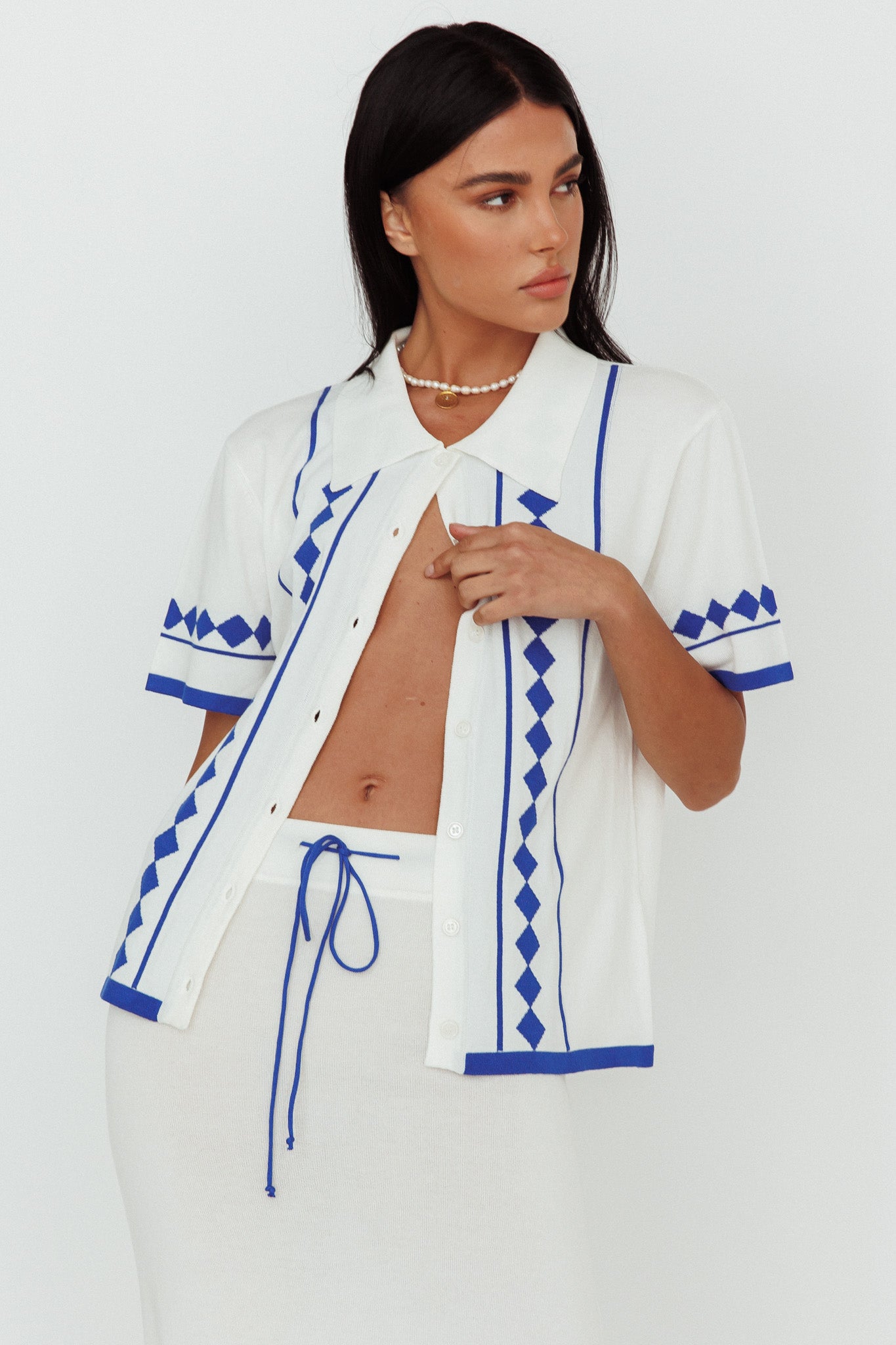 Amalfi Sun Knit Button-Up Shirt White by Selfie Leslie