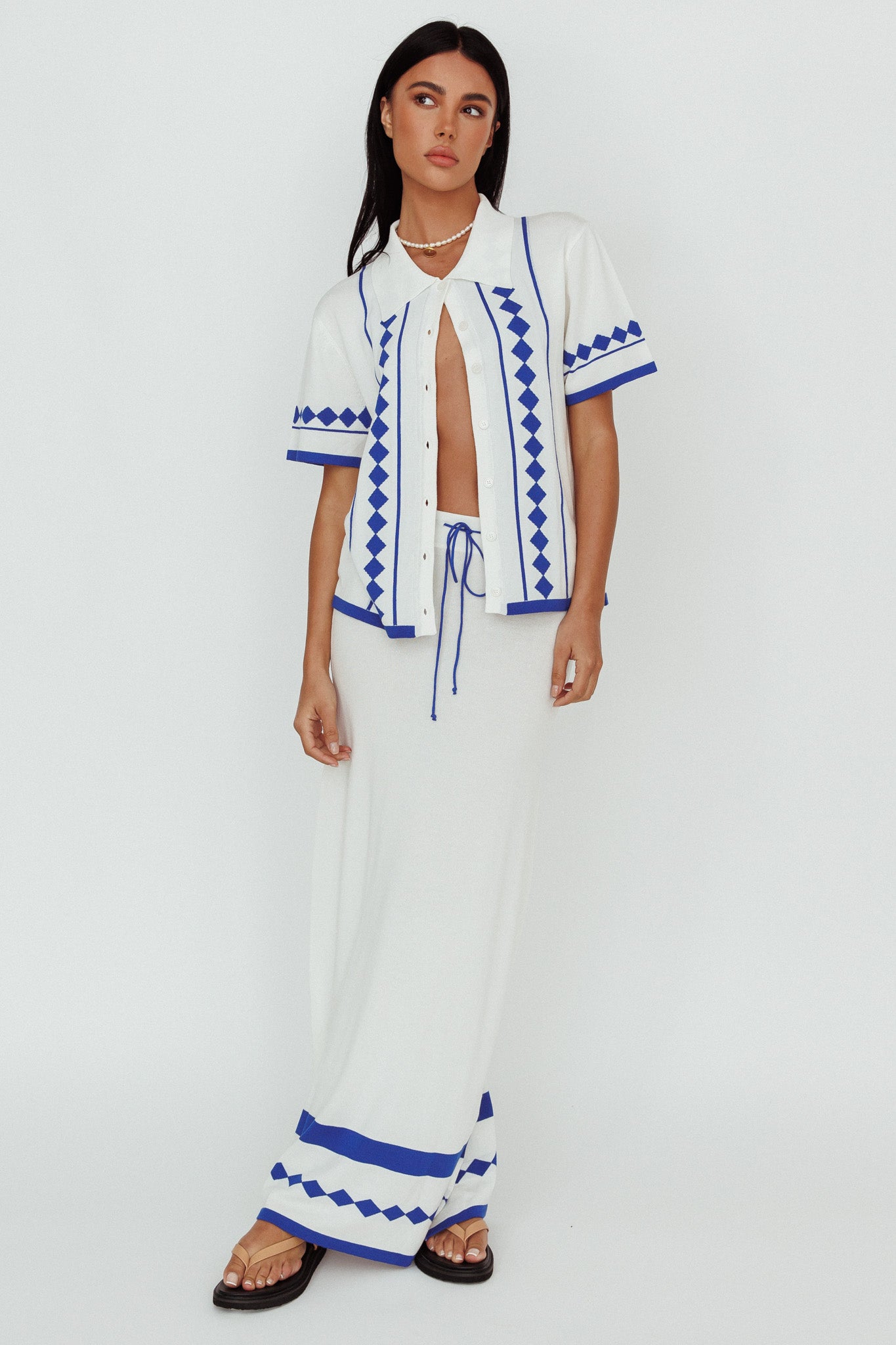 Amalfi Sun Knit Button-Up Shirt White by Selfie Leslie
