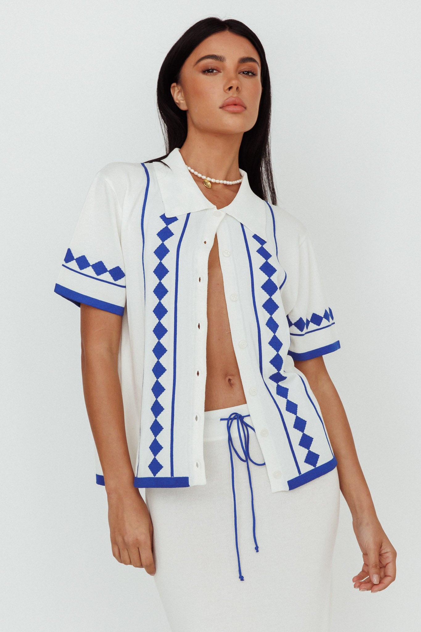 Amalfi Sun Knit Button-Up Shirt White by Selfie Leslie