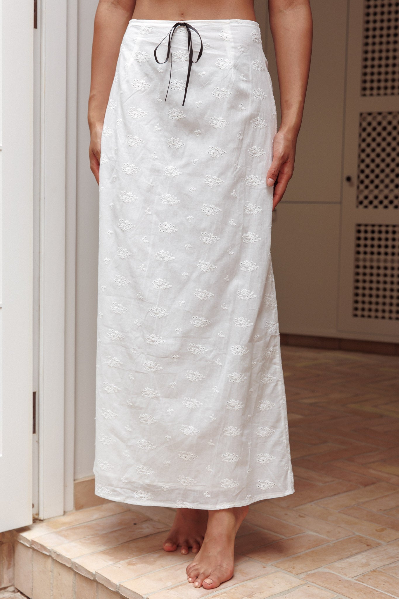 Shop the Helga Eyelet Embroidery Bow Maxi Skirt White