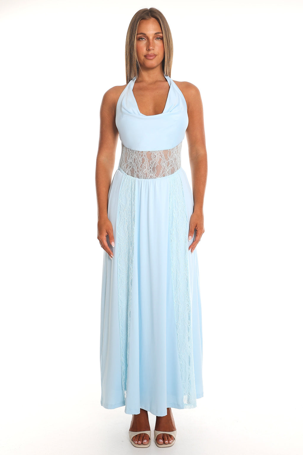 Essie Cowl Halter Maxi Dress Light Blue