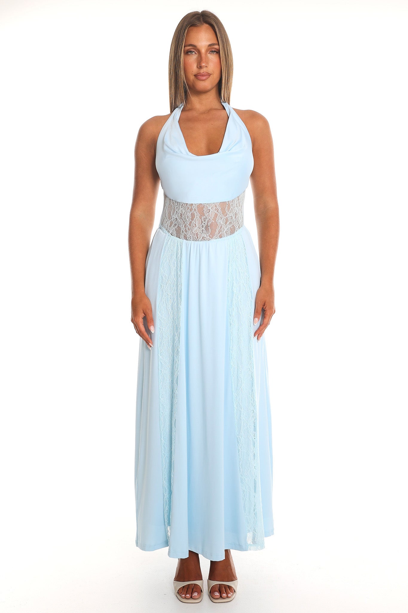 Essie Cowl Halter Maxi Dress Light Blue