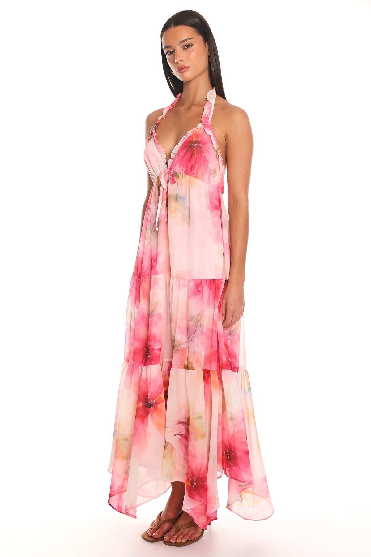 Island Escape Ruffled Halter Dress Pink