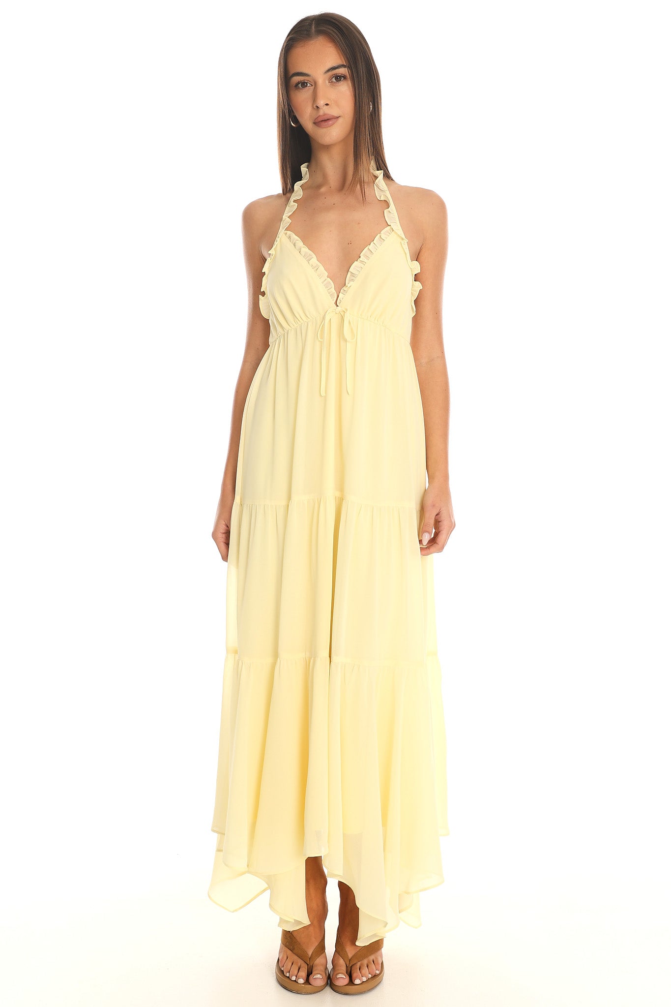 Island Escape Ruffled Halter Dress Butter Yellow