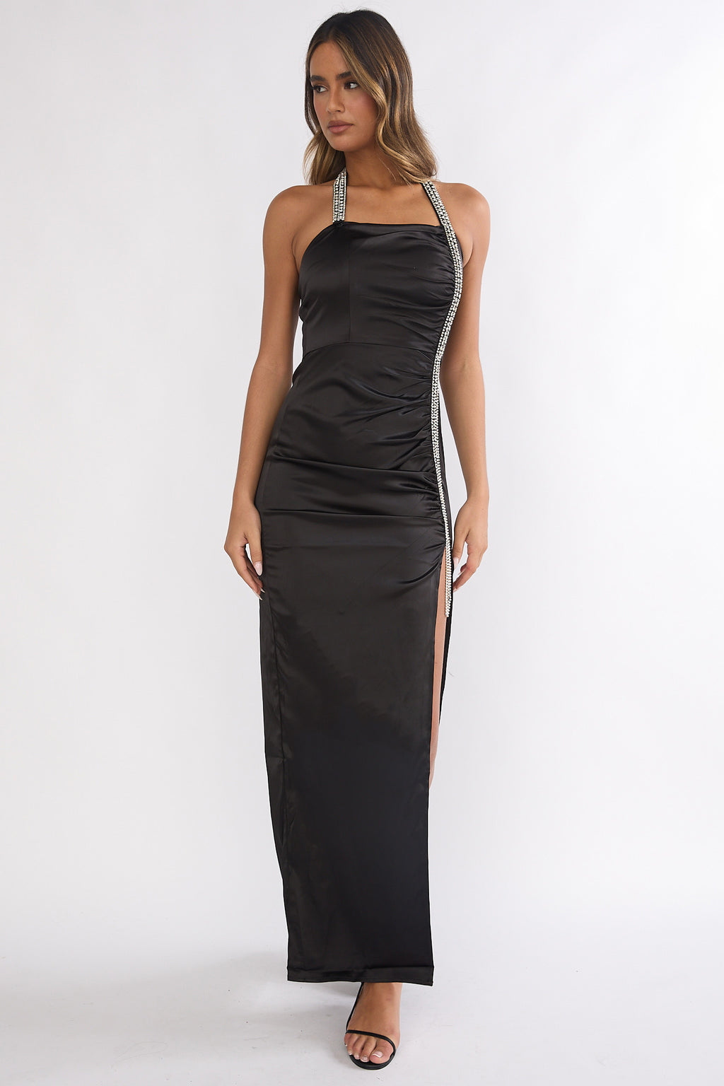 Glitterati Halter Diamante Maxi Dress Black by Selfie Leslie