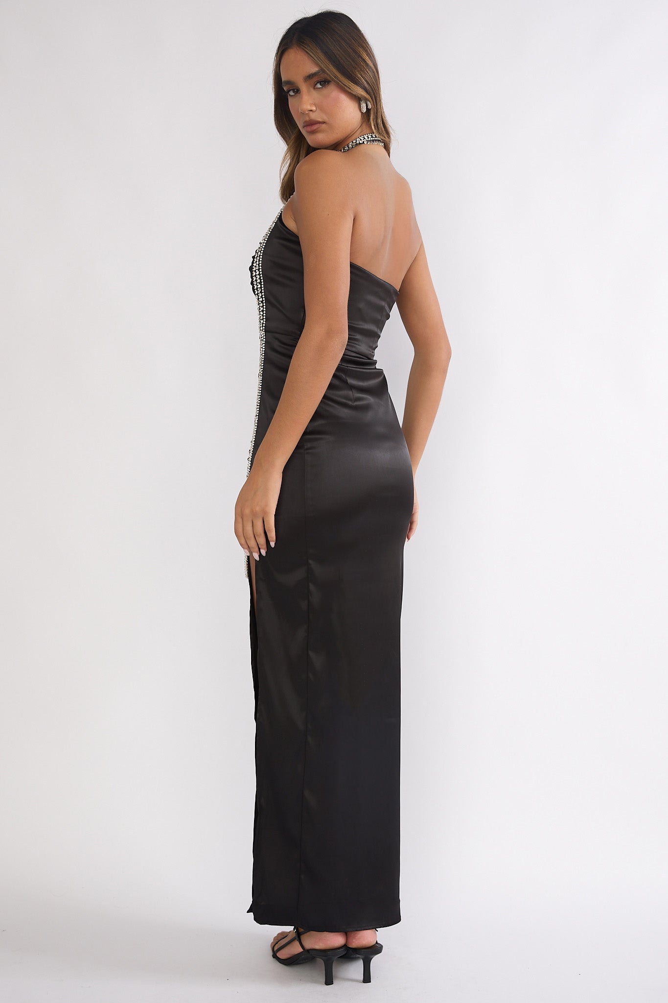 Glitterati Halter Diamante Maxi Dress Black by Selfie Leslie