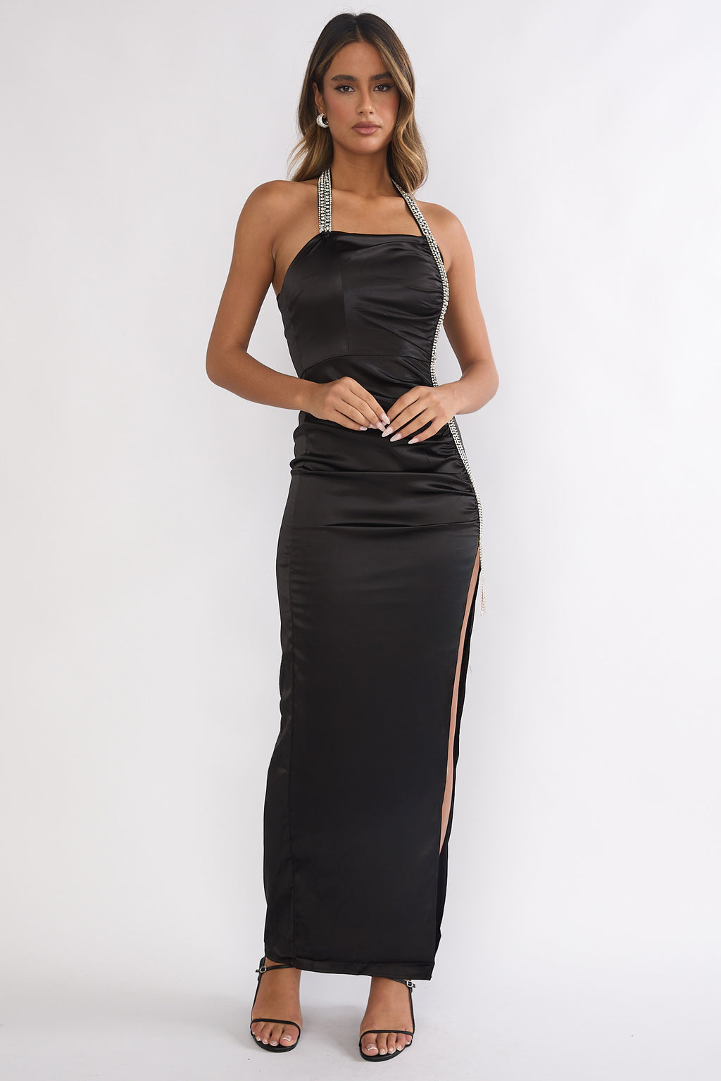 Glitterati Halter Diamante Maxi Dress Black by Selfie Leslie