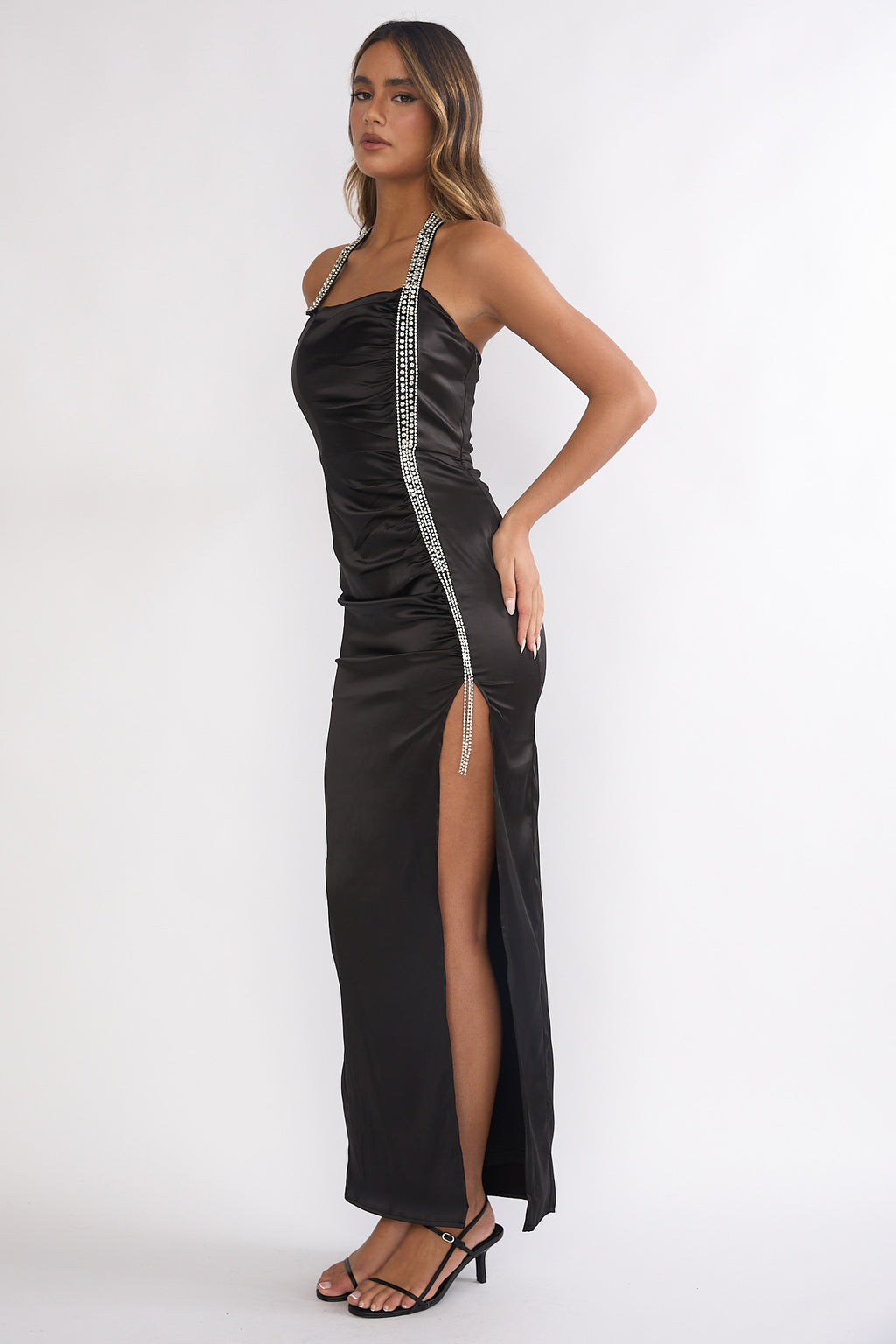 Glitterati Halter Diamante Maxi Dress Black by Selfie Leslie