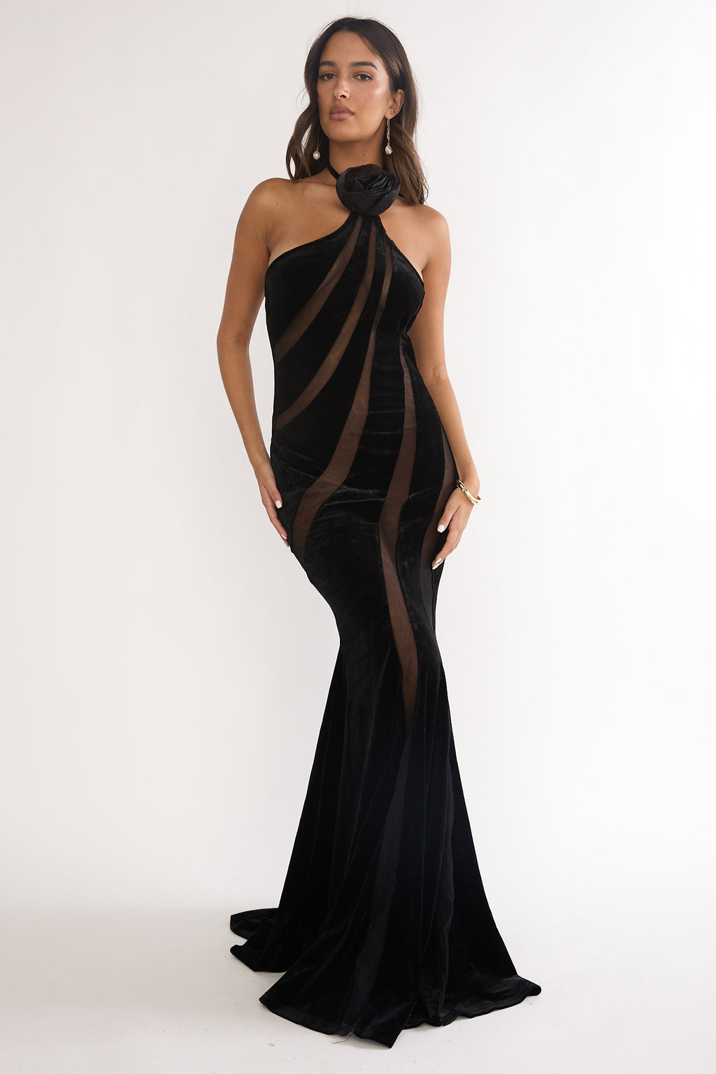 Azelia Velvet Mesh Maxi Dress Black by Selfie Leslie