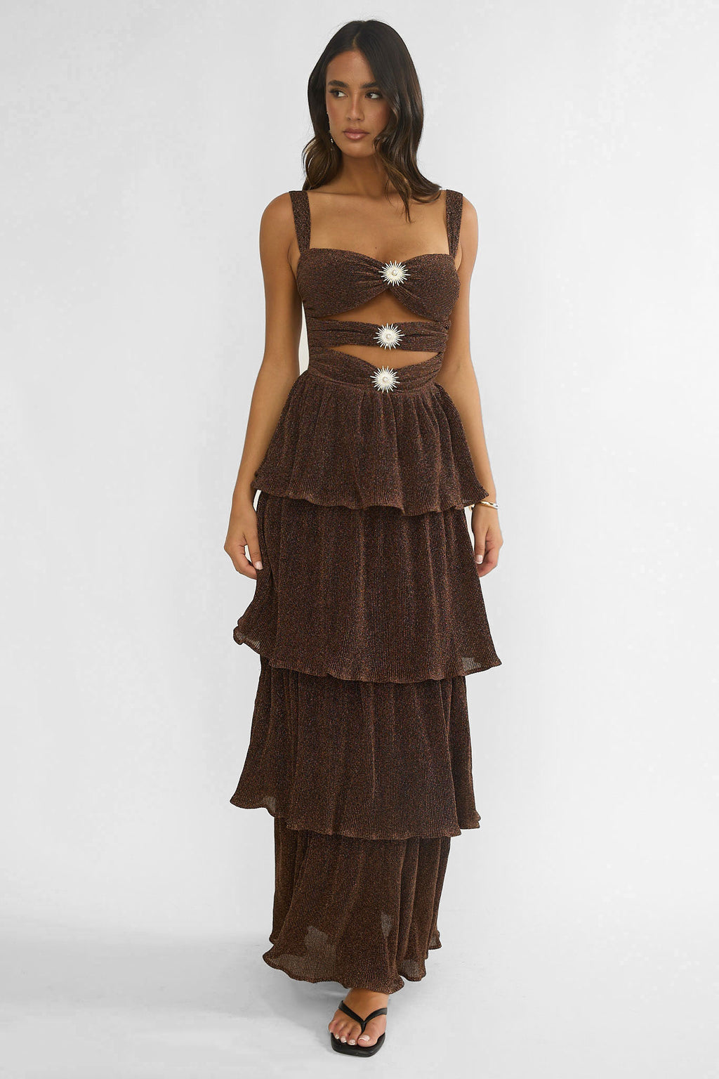 Ceylon Cut-Out Bodice Layered Maxi Dress Bronze by Selfie Leslie