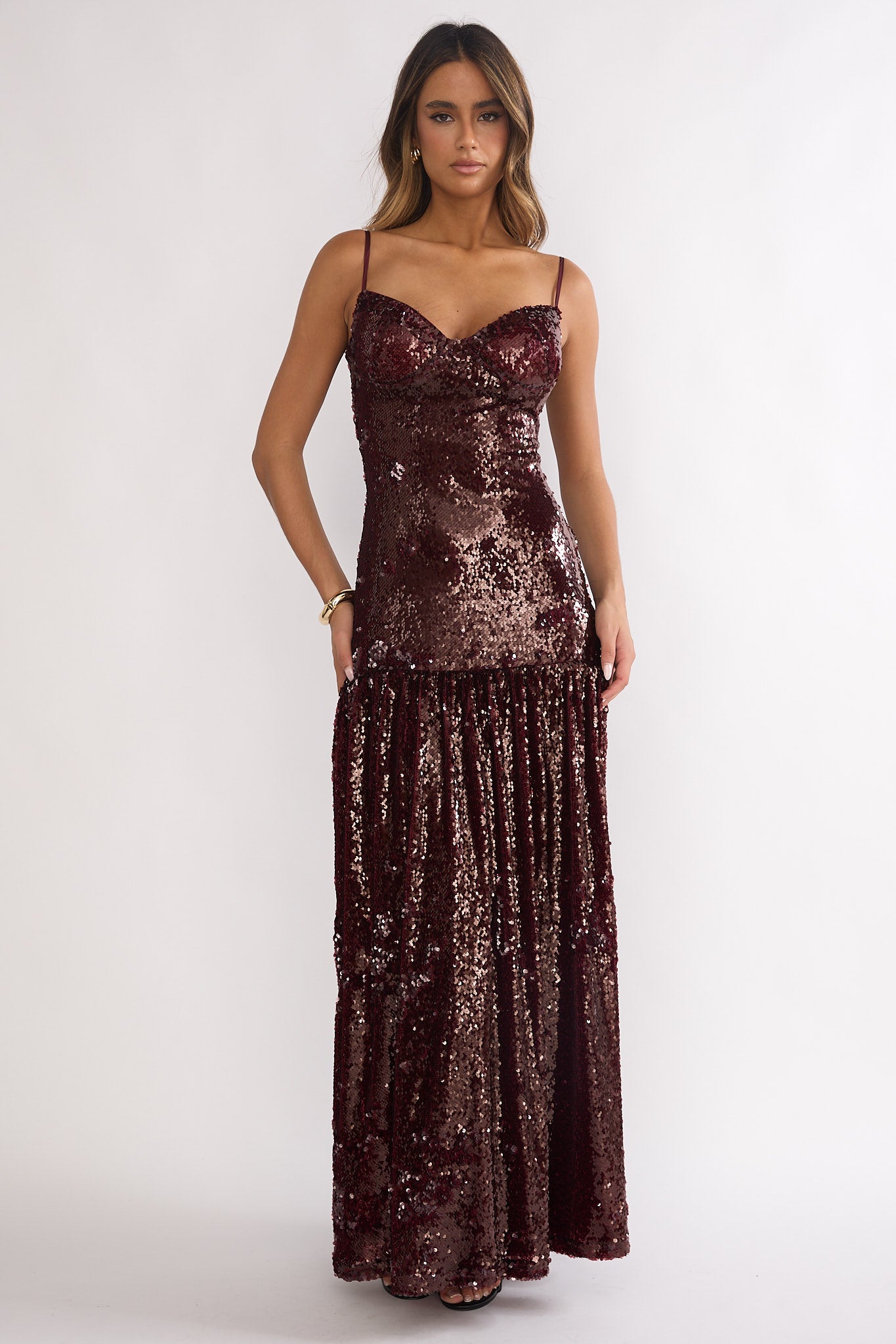Miller Drop Waist Sequin Maxi Dress Burgundy by Selfie Leslie