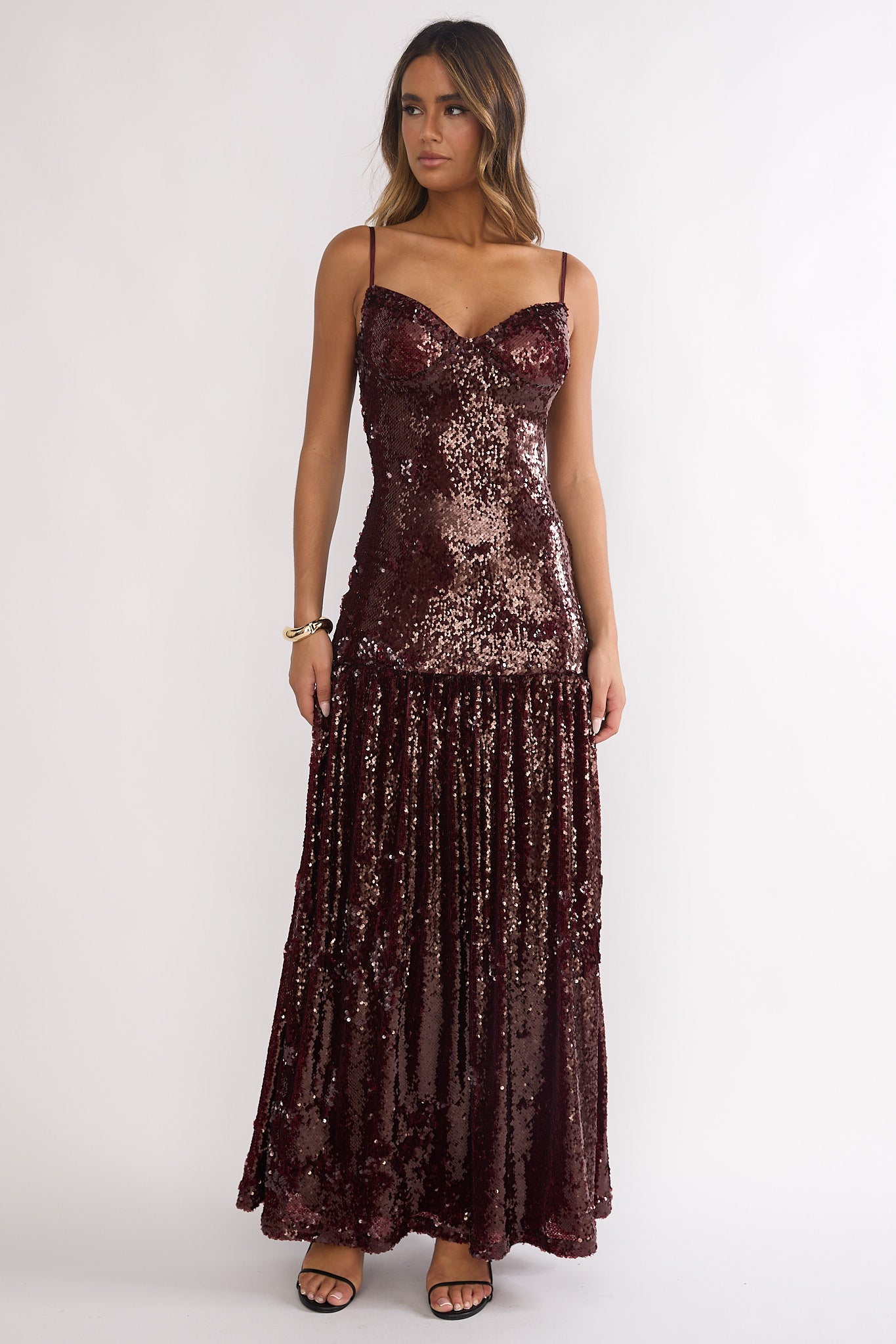 Miller Drop Waist Sequin Maxi Dress Burgundy by Selfie Leslie