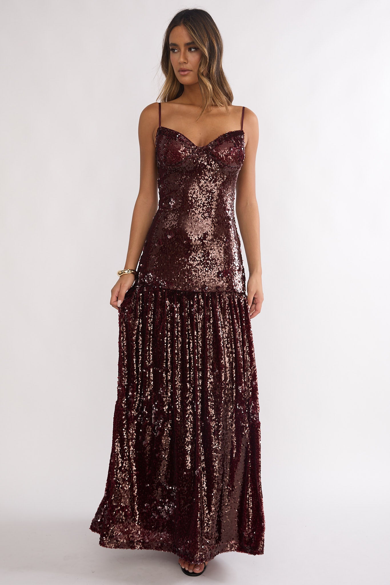 Miller Drop Waist Sequin Maxi Dress Burgundy by Selfie Leslie