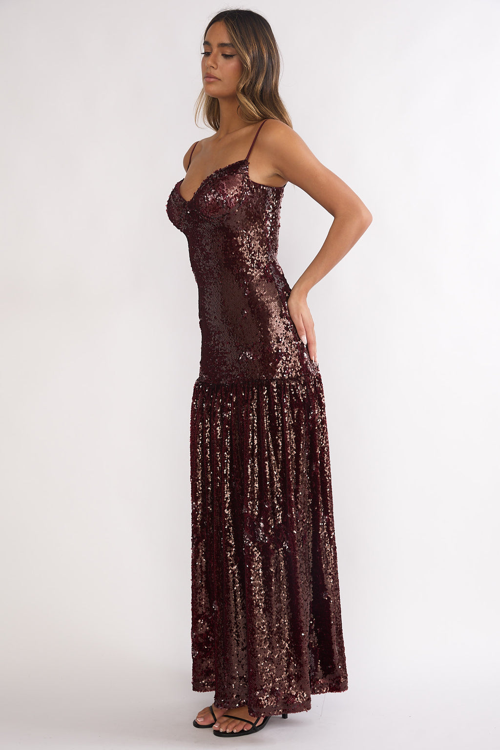 Miller Drop Waist Sequin Maxi Dress Burgundy by Selfie Leslie