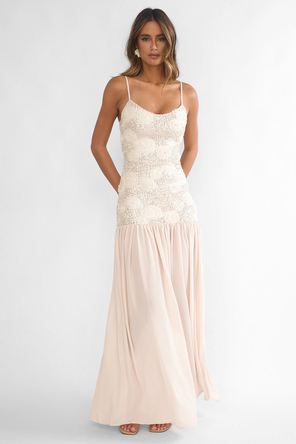 Opheliane Drop Waist Sequin Maxi Dress Champagne by Selfie Leslie