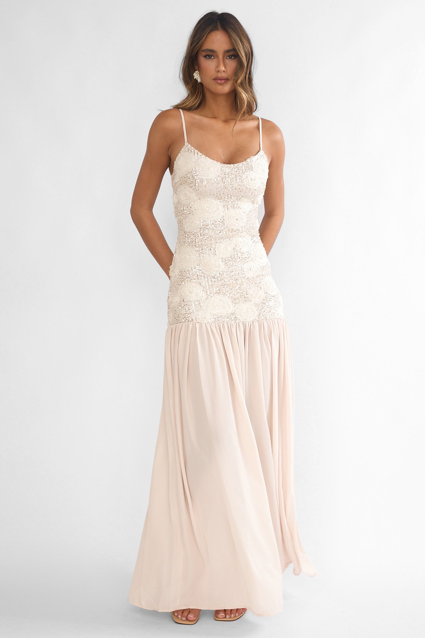 drop waist sequin dress Opheliane Maxi Champagne Romantic Dresses Homemade Poppy Seed Dressing Figure Hugging Fit Thigh Size:32D