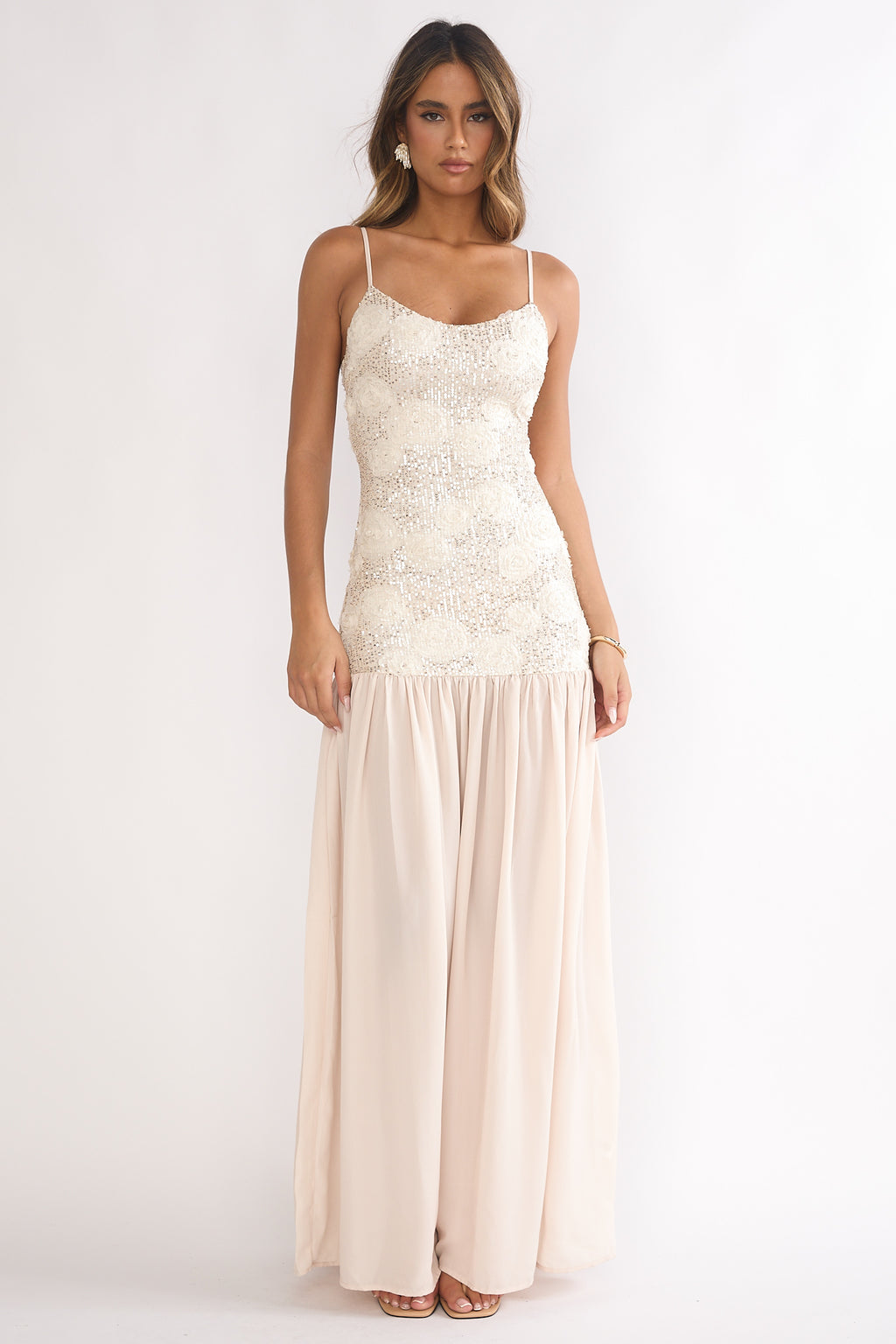 Opheliane Drop Waist Sequin Maxi Dress Champagne by Selfie Leslie