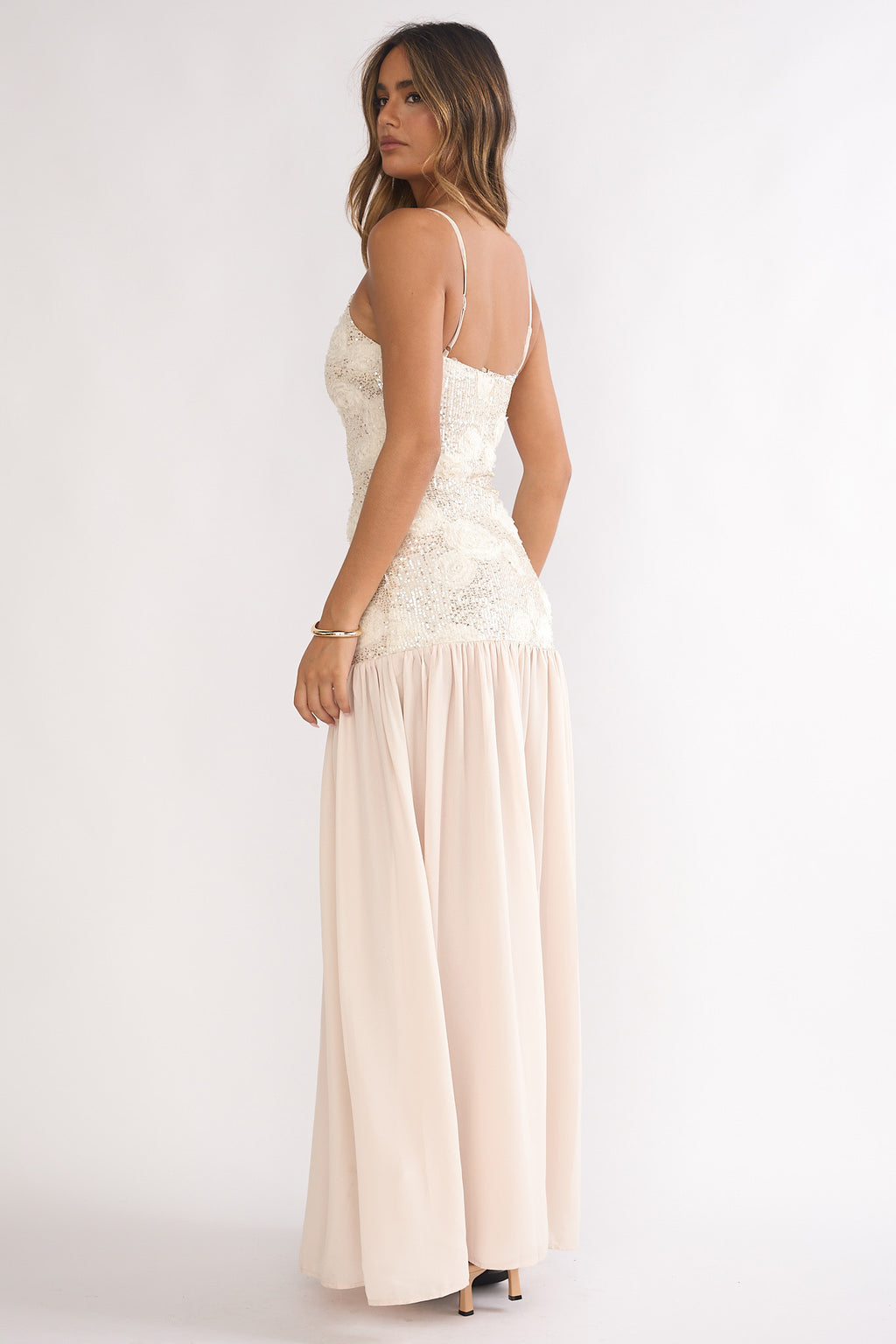 Opheliane Drop Waist Sequin Maxi Dress Champagne Opheliane Drop Waist Sequin Maxi Dress Champagne