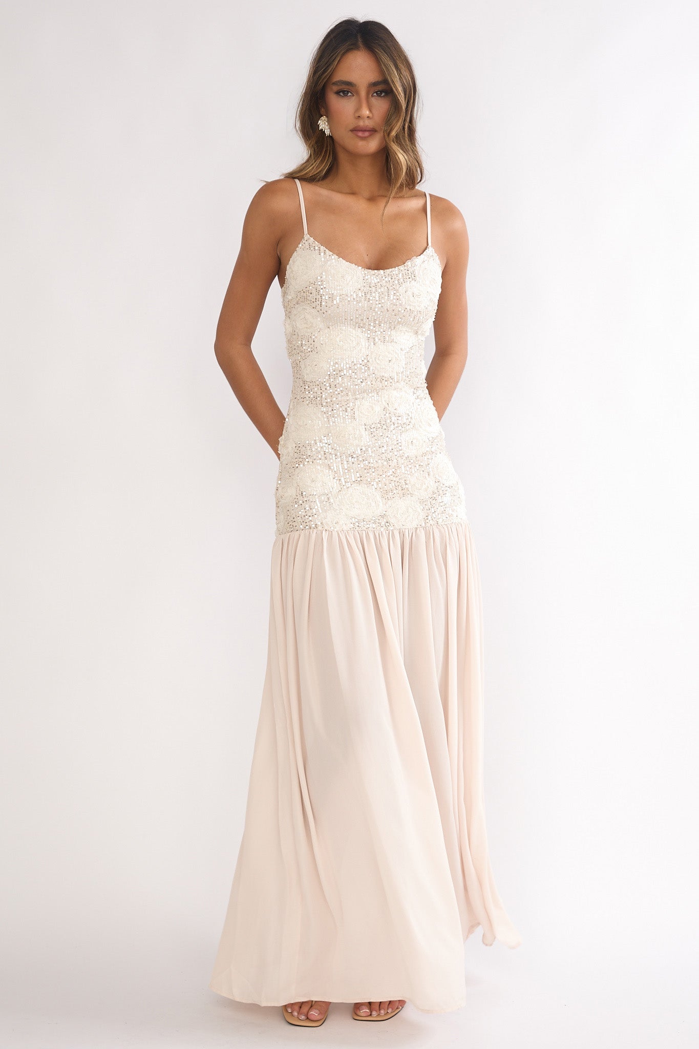 Opheliane Drop Waist Sequin Maxi Dress Champagne | Selfie Leslie Opheliane Drop Waist Sequin Maxi Dress Champagne | Selfie Leslie