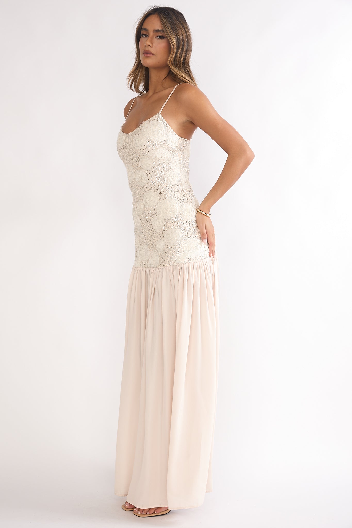 Opheliane Drop Waist Sequin Maxi Dress Champagne by Selfie Leslie