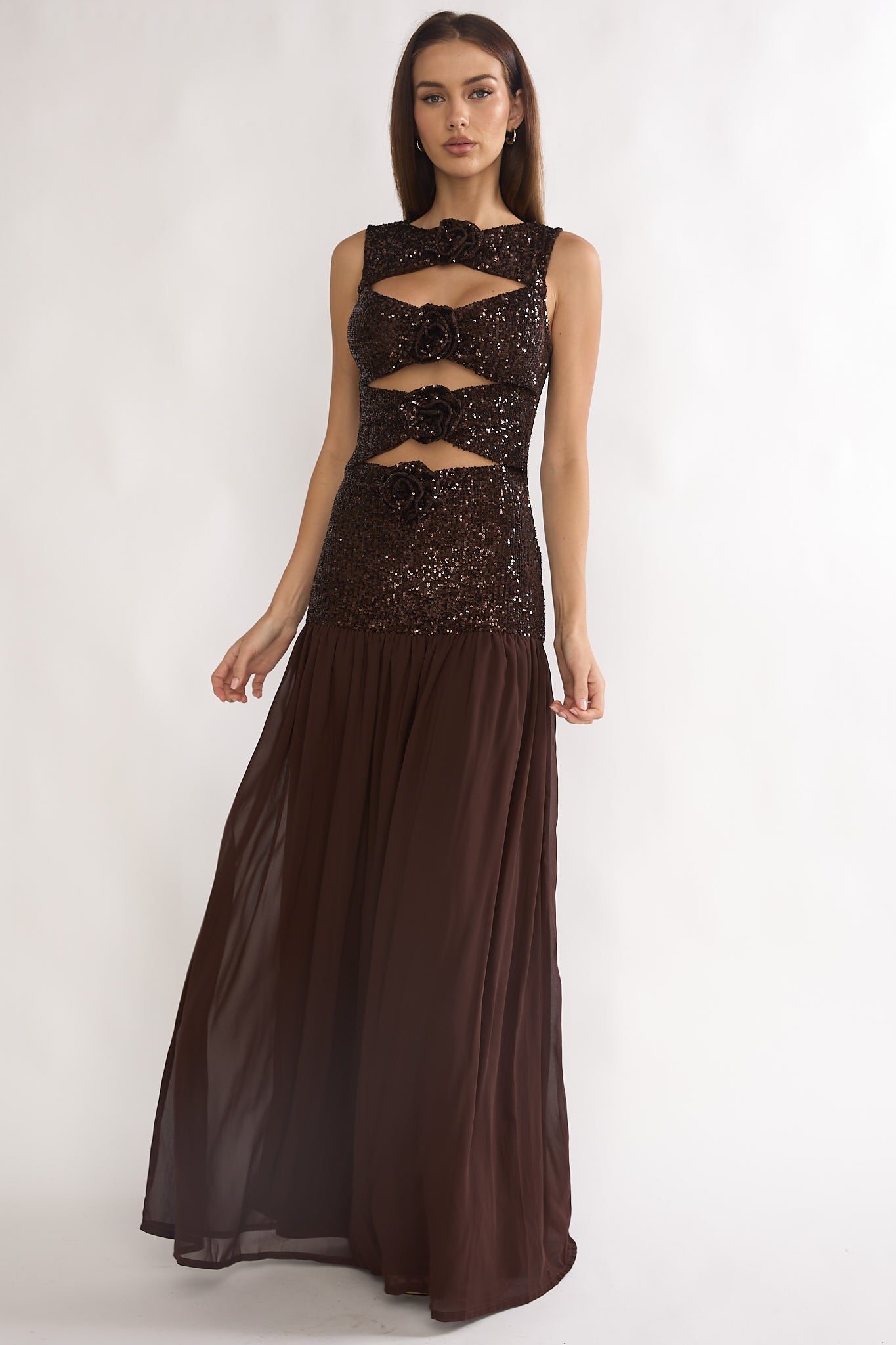 Dioris Rosette Cut-Out Sequin Maxi Dress Sequin Choco by Selfie Leslie