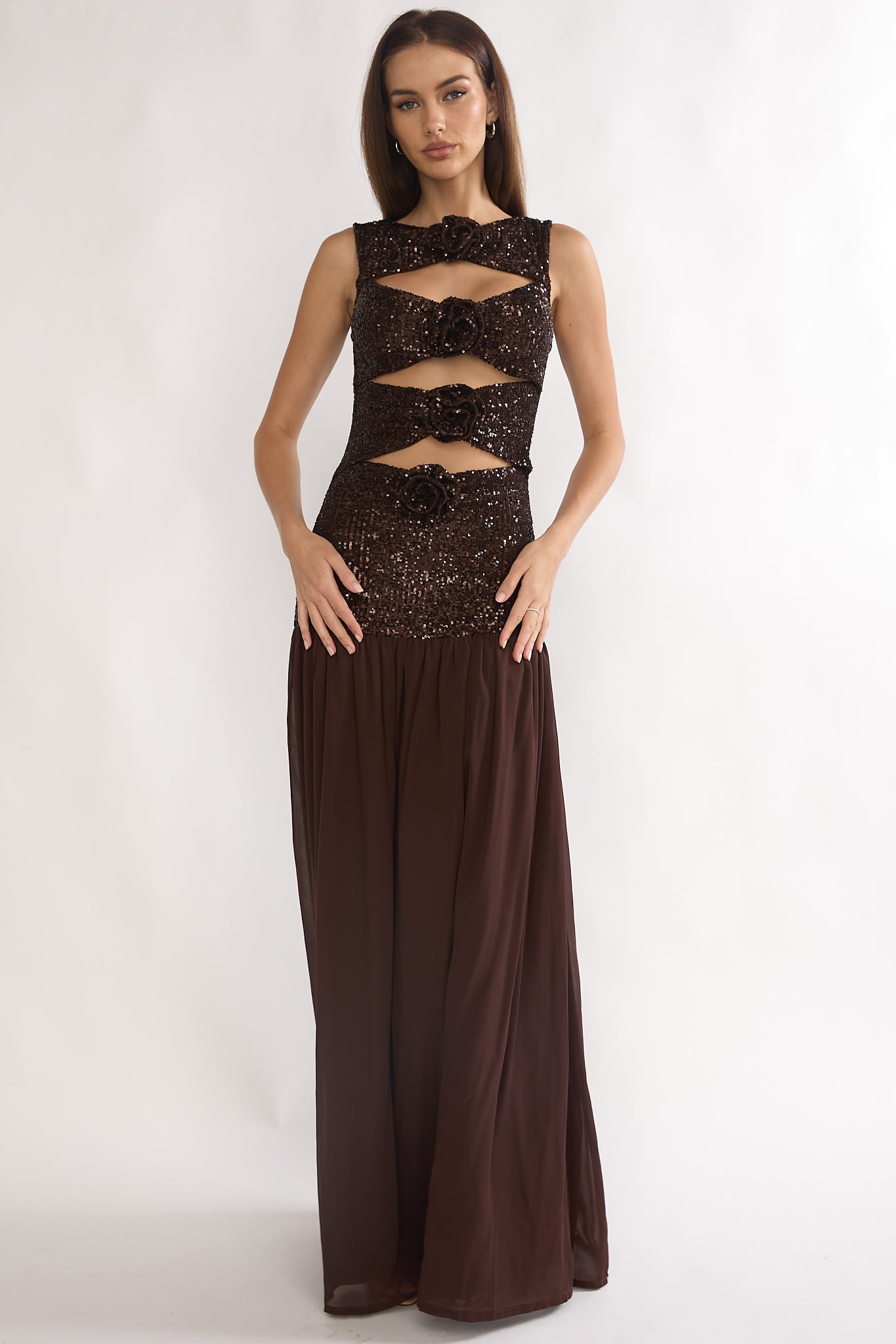 Dioris Rosette Cut-Out Sequin Maxi Dress Sequin Choco Selfie Leslie Dioris Rosette Cut-Out Sequin Maxi Dress Sequin Choco Selfie Leslie