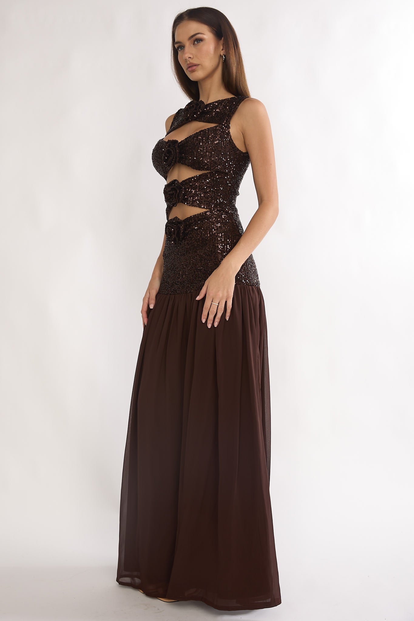 Dioris Rosette Cut-Out Sequin Maxi Dress Sequin Choco Selfie Leslie