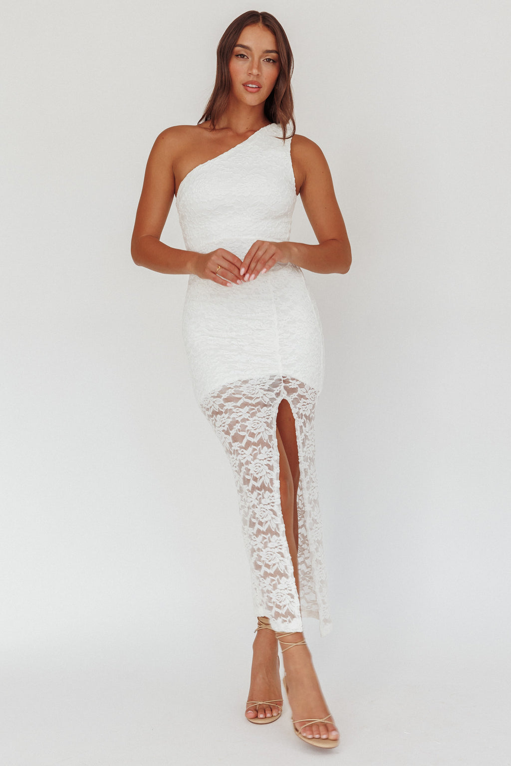Lingering Love One-Shoulder Split Midi Dress Lace White by Selfie Leslie