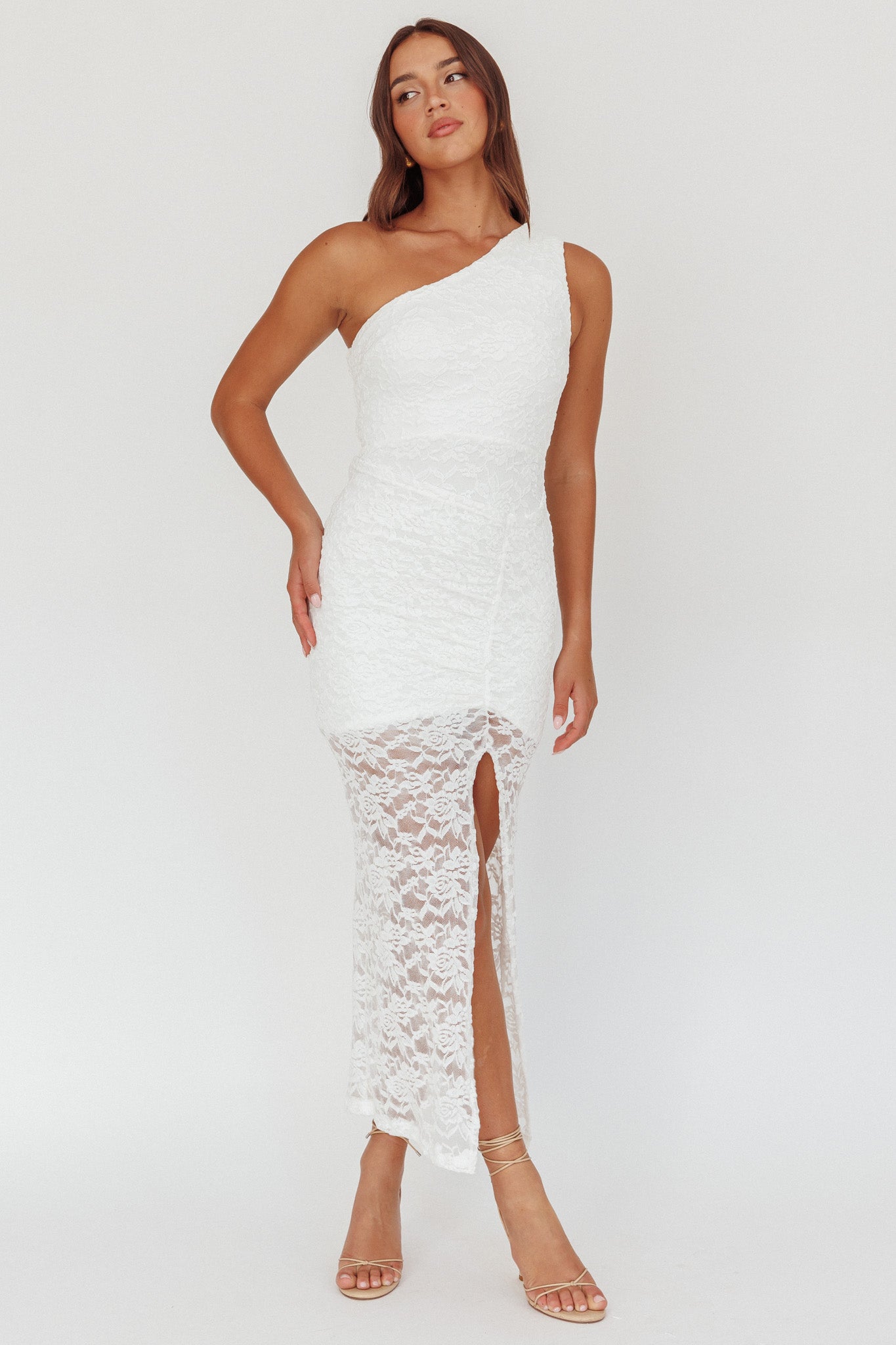 Lingering Love One-Shoulder Split Midi Dress Lace White by Selfie Leslie