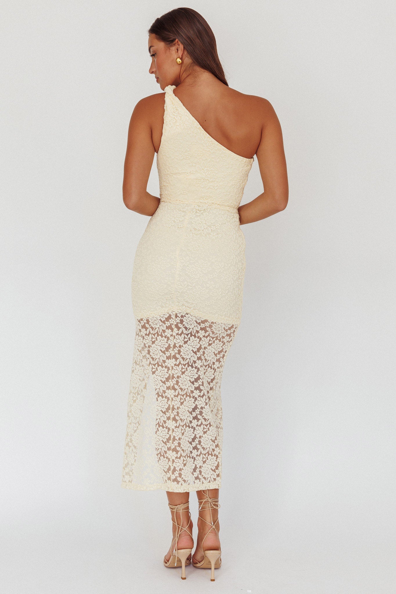 Lingering Love One-Shoulder Split Midi Dress Lace Yellow by Selfie Leslie
