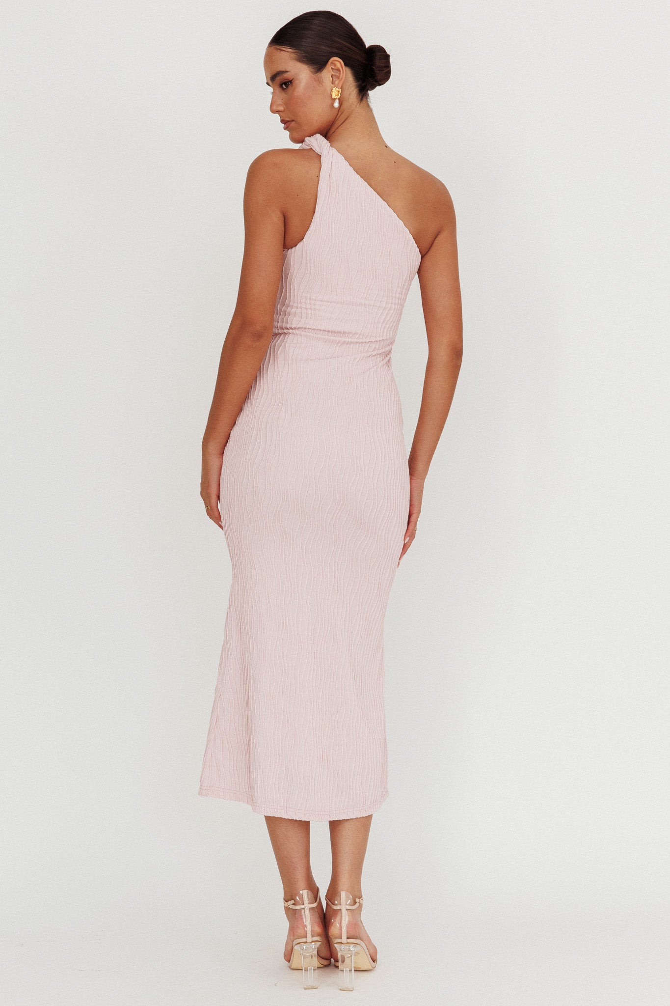 Lingering Love One-Shoulder Twist Midi Dress Blush by Selfie Leslie