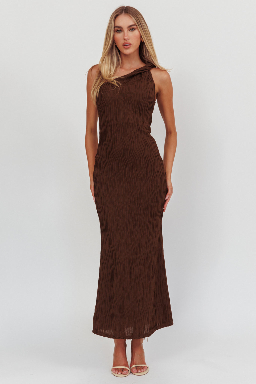 Lingering Love One-Shoulder Twist Maxi Dress Chocolate by Selfie Leslie