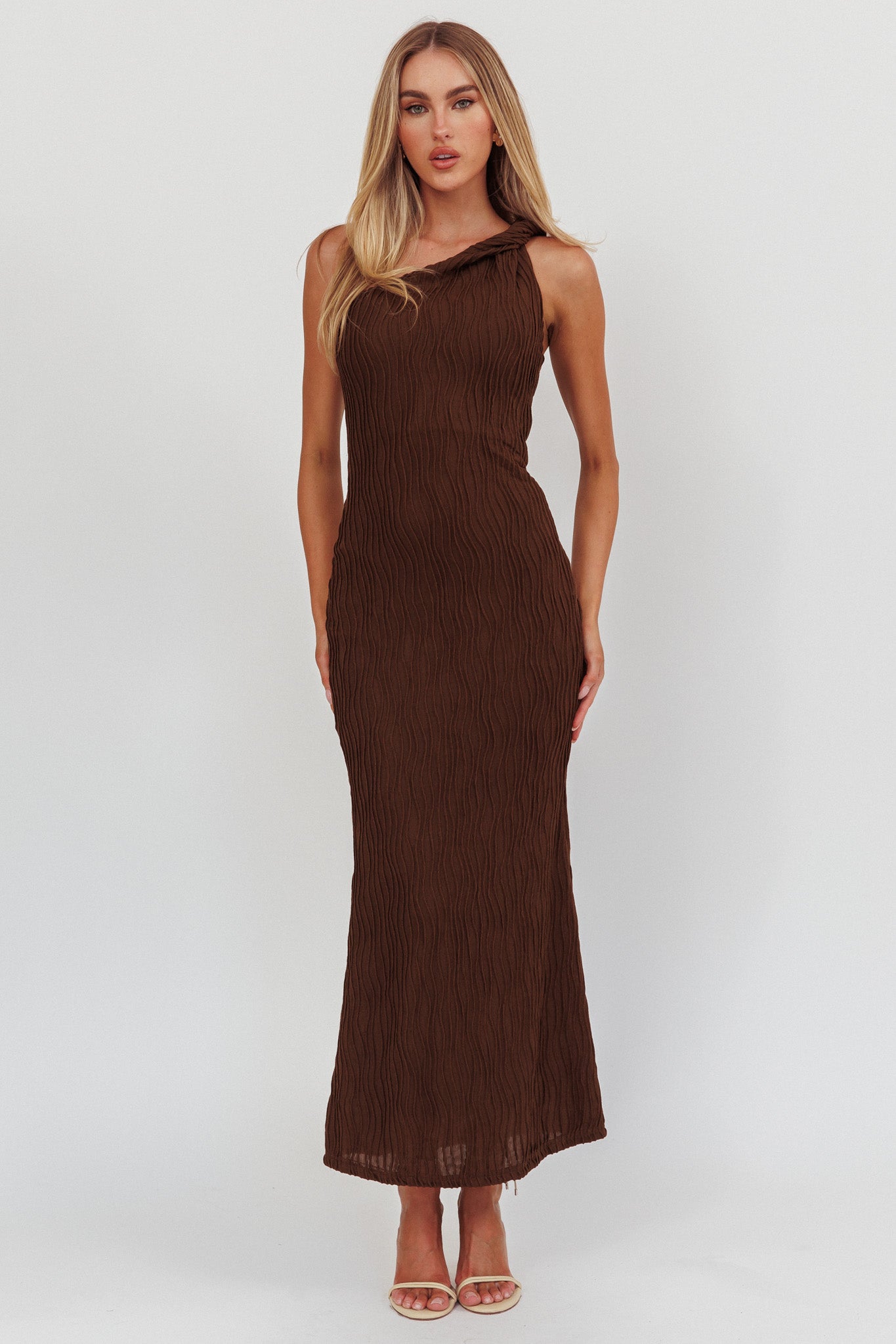 Lingering Love One-Shoulder Twist Maxi Dress Chocolate by Selfie Leslie