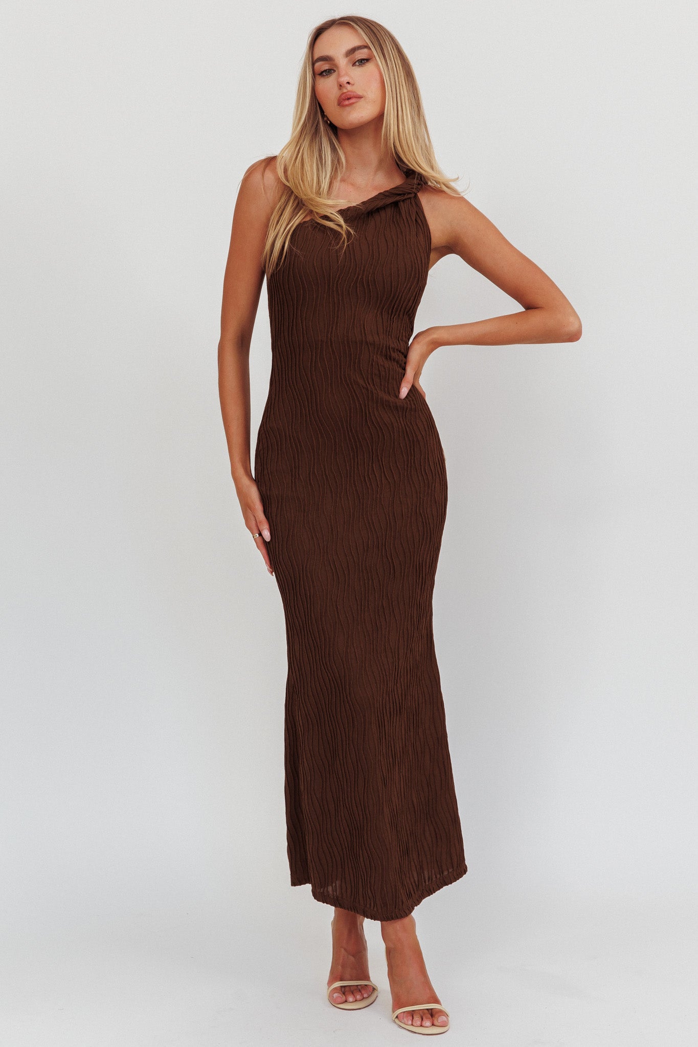 Lingering Love One-Shoulder Twist Maxi Dress Chocolate by Selfie Leslie